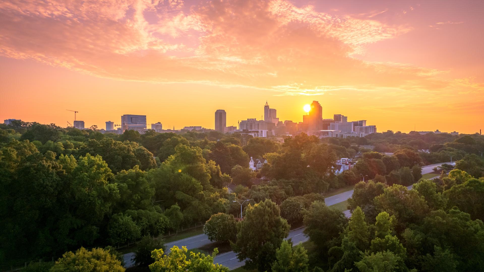 Aerial view of Raleigh, North Carolina, at sunset